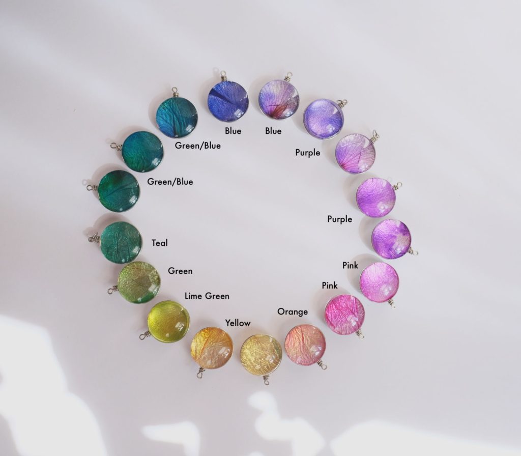 SisTers PGH Rainbow Rose Petal Pendant in a circle with each of the colors labeled