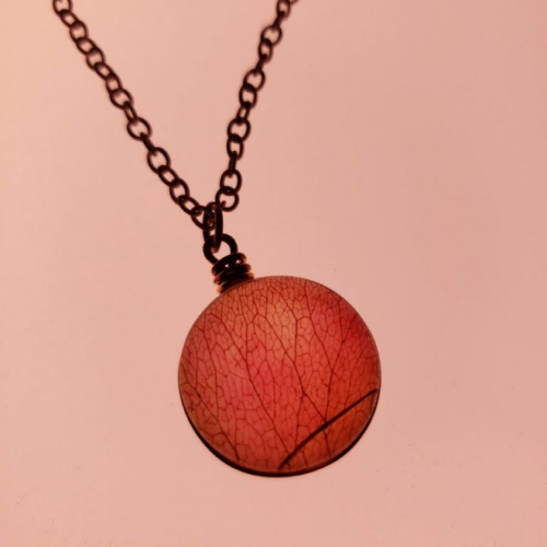 Glass pendant with red petal inside of it on a copper chain on a pink background