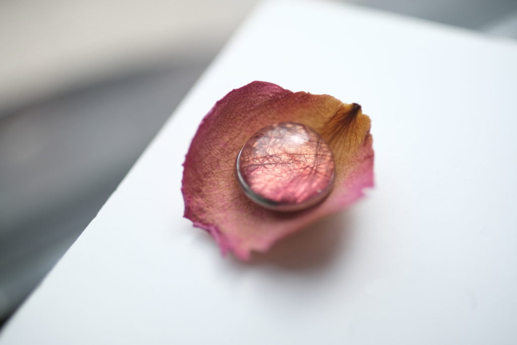 Rose Petal Pin laying on its original rose petal on a white background